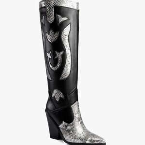 ANN CREEK 'Boma' Snake Accent Two-Tone Boots with Layered High Heels